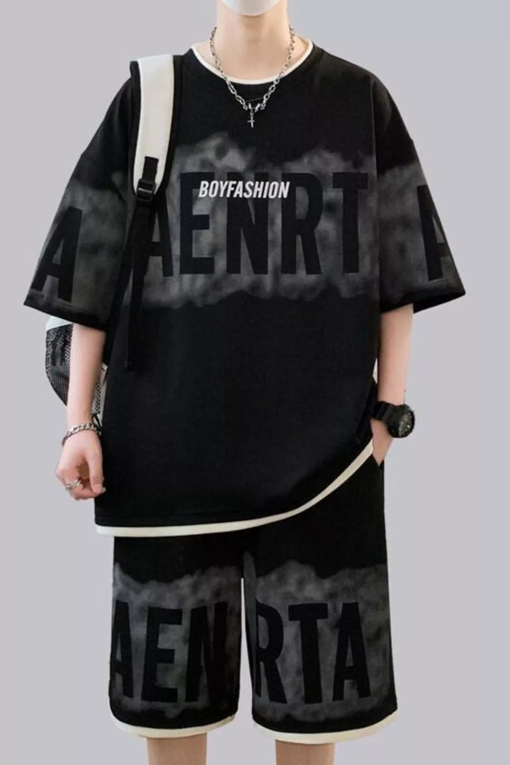 Men's Plus Size Letter Round Neck Tee and Shorts Set