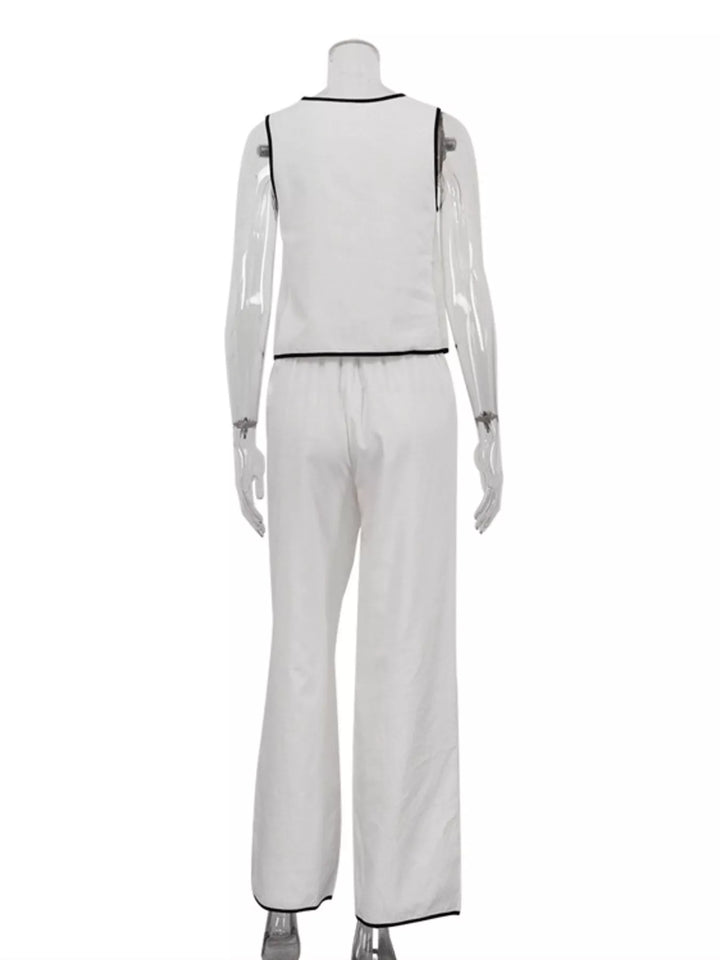 Contrast Trim Sleeveless Top and Wide-Leg Pants Set