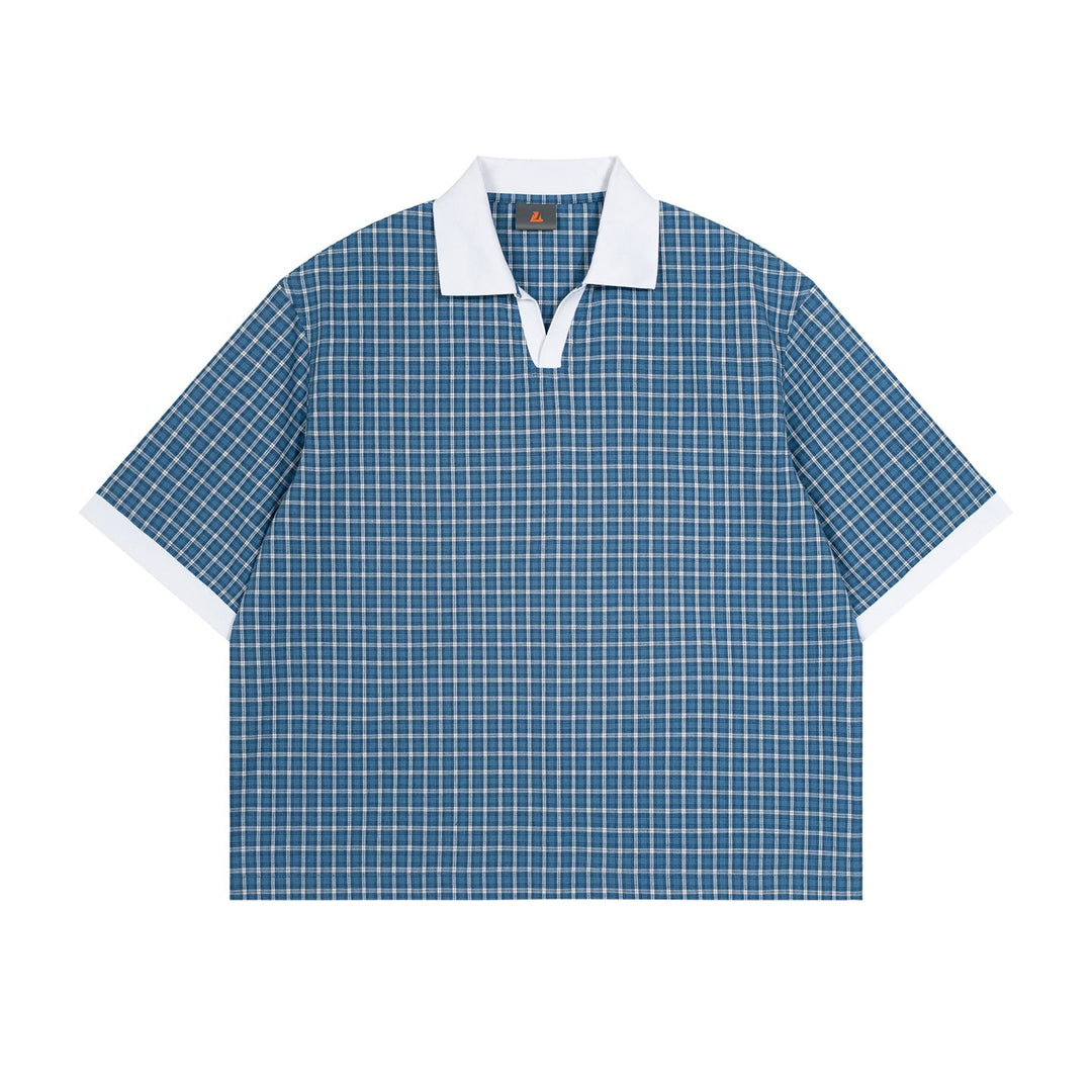 Mens Summer Thin Color-Block Plaid Lapel Short-Sleeve Shirt