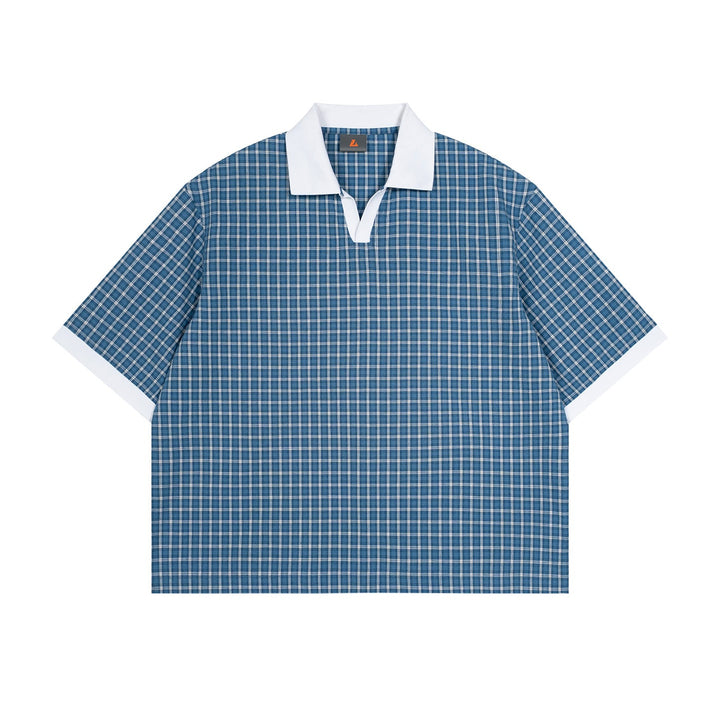 Mens Summer Thin Color-Block Plaid Lapel Short-Sleeve Shirt