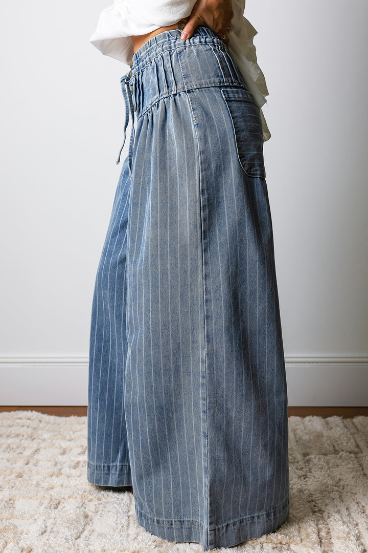 Sky Blue Stripe Button Pleated Drawstring Waist Casual Wide Leg Jeans