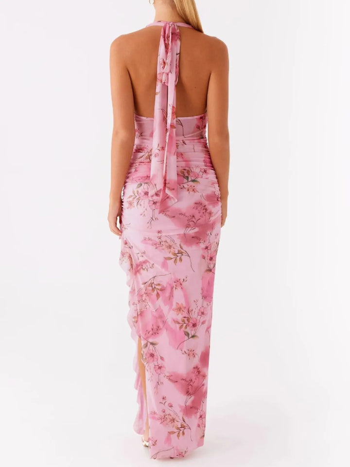 Ruffled Floral Print Halter Neck Cami Dress