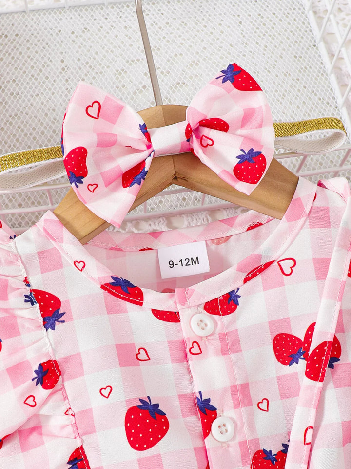 Children's Strawberry Print Ruffle Trim Jumpsuit & Headband Set