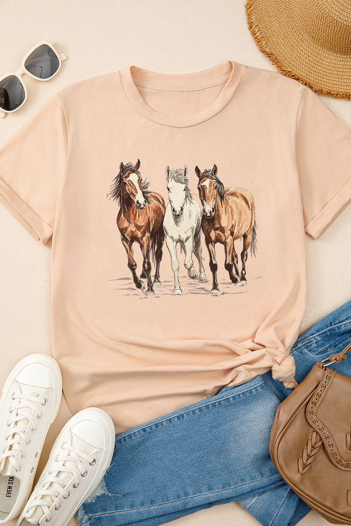 Khaki Gallant Horses Printed Casual T Shirt