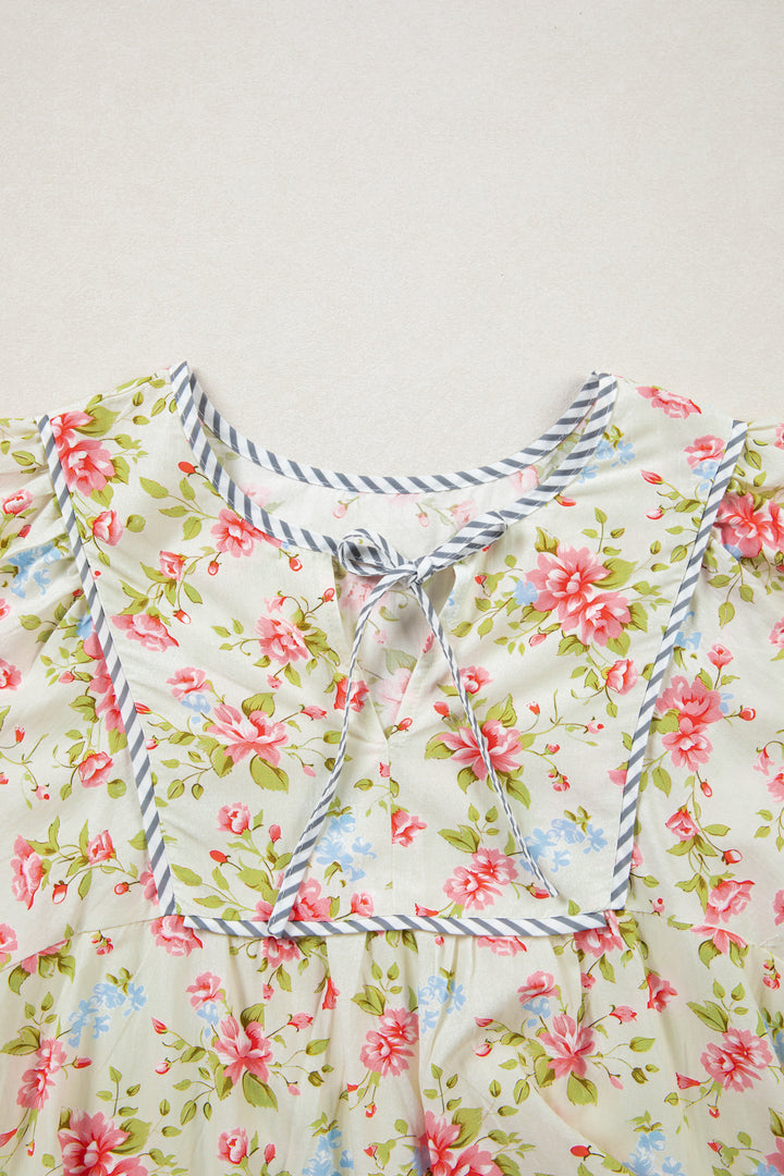 Apricot Striped Edge 3/4 Puff Sleeve Floral Dress
