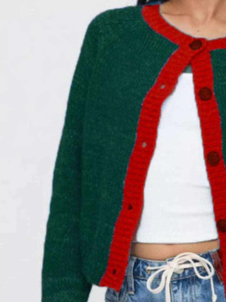 Contrast Trim Button-Up Cardigan