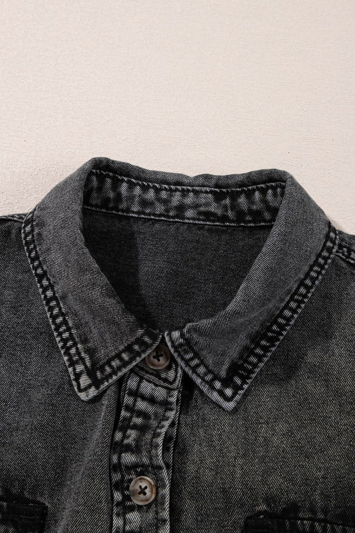 Short Sleeve Flap Pocket Button Up Raw Hem Denim Shirt