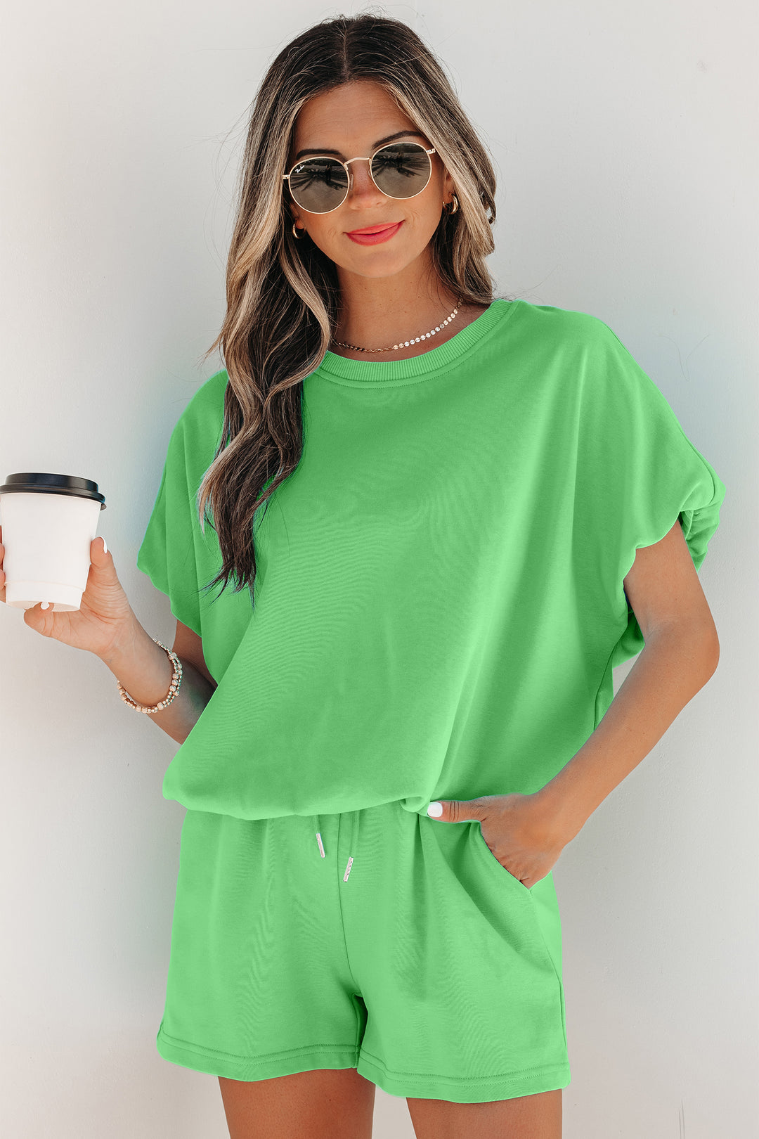 Light Blue Solid Color Puffy Loose Top Drawstring Shorts 2pcs Outfit