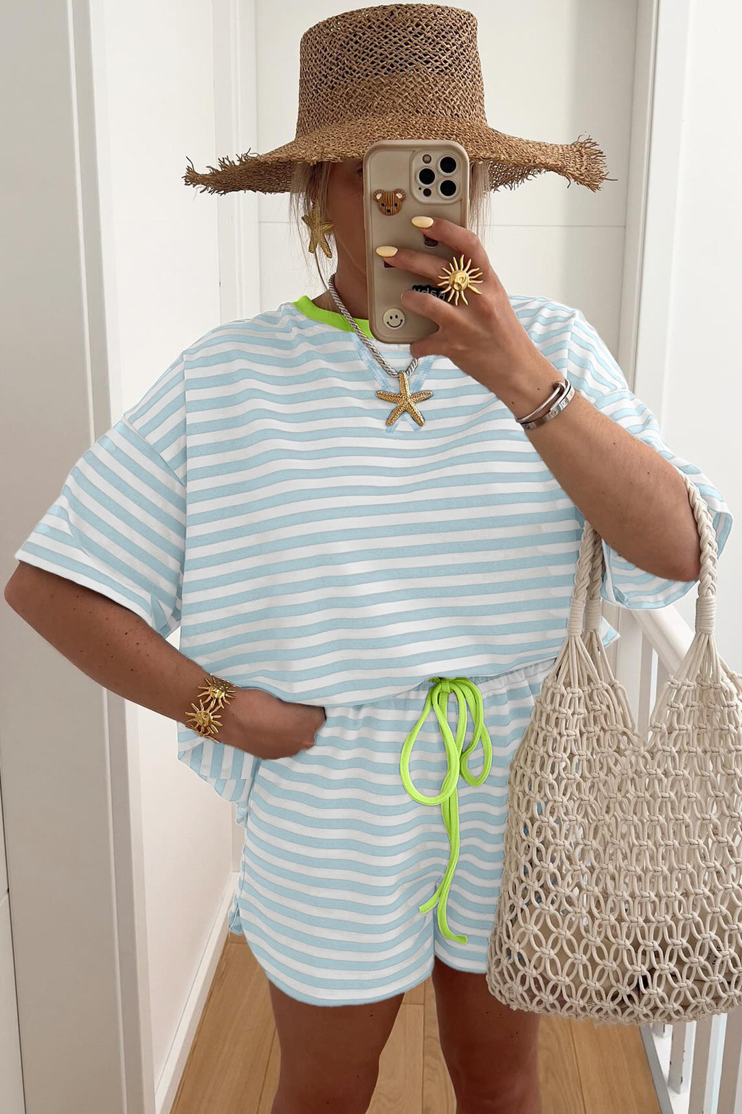 Sky Blue Stripe Contrast Neck Loose Tee and Drawstring Shorts Set