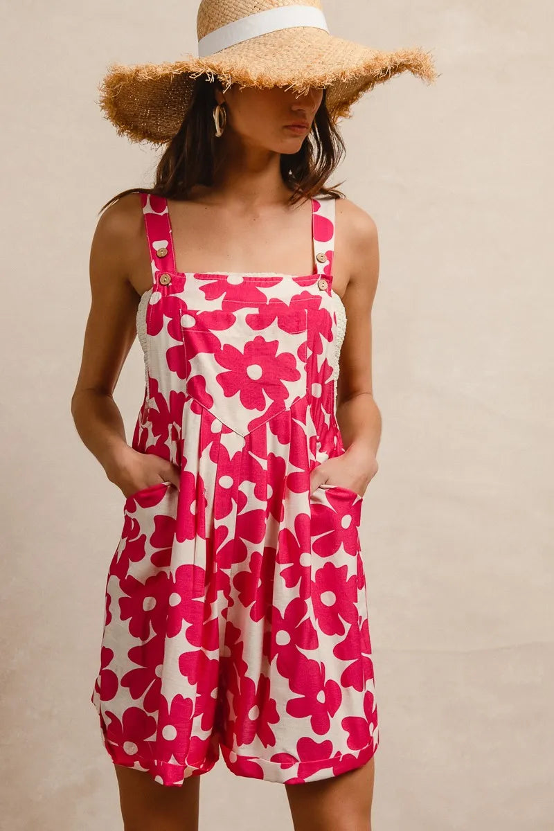 BiBi Floral Prints Tuck Detail Short Overall With Pockets