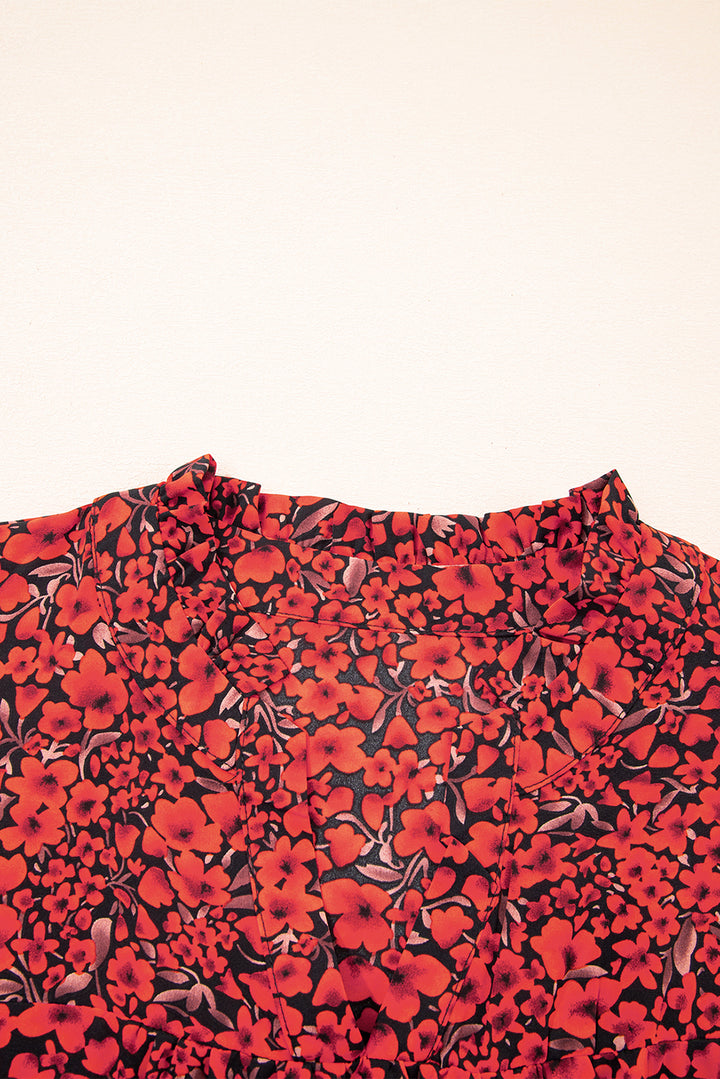 Fiery Red Rose Floral Print Ruffle Sleeve Plus Size Shift Top