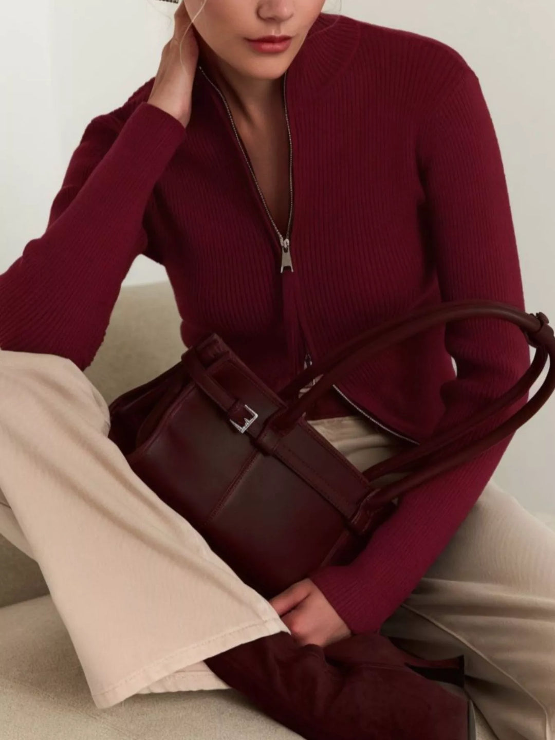 Ribbed Knit Zip-Up Cardigan