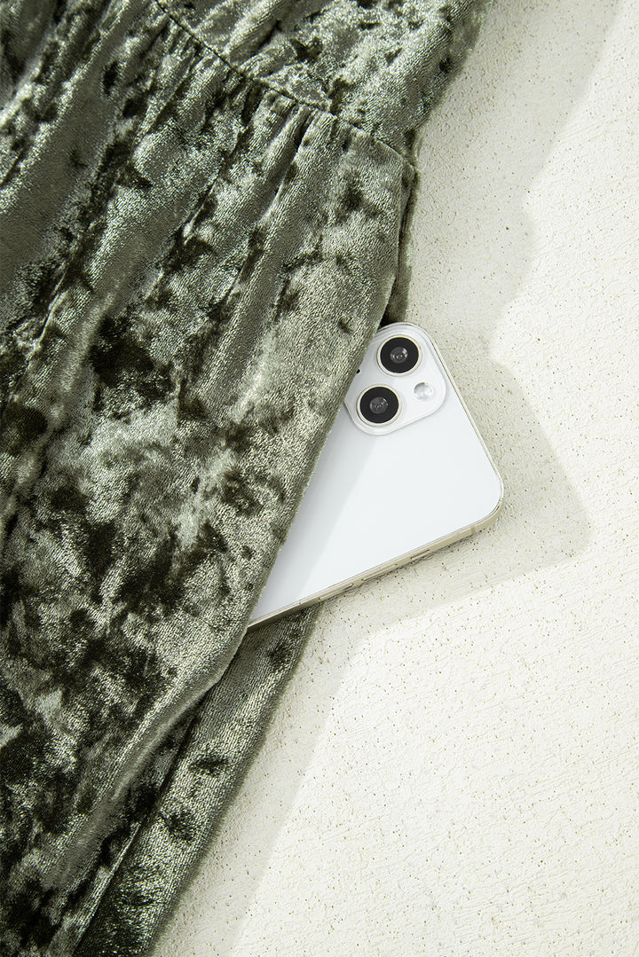 Jungle Green Plus Size Velvet Babydoll Mini Dress with Puff Sleeve