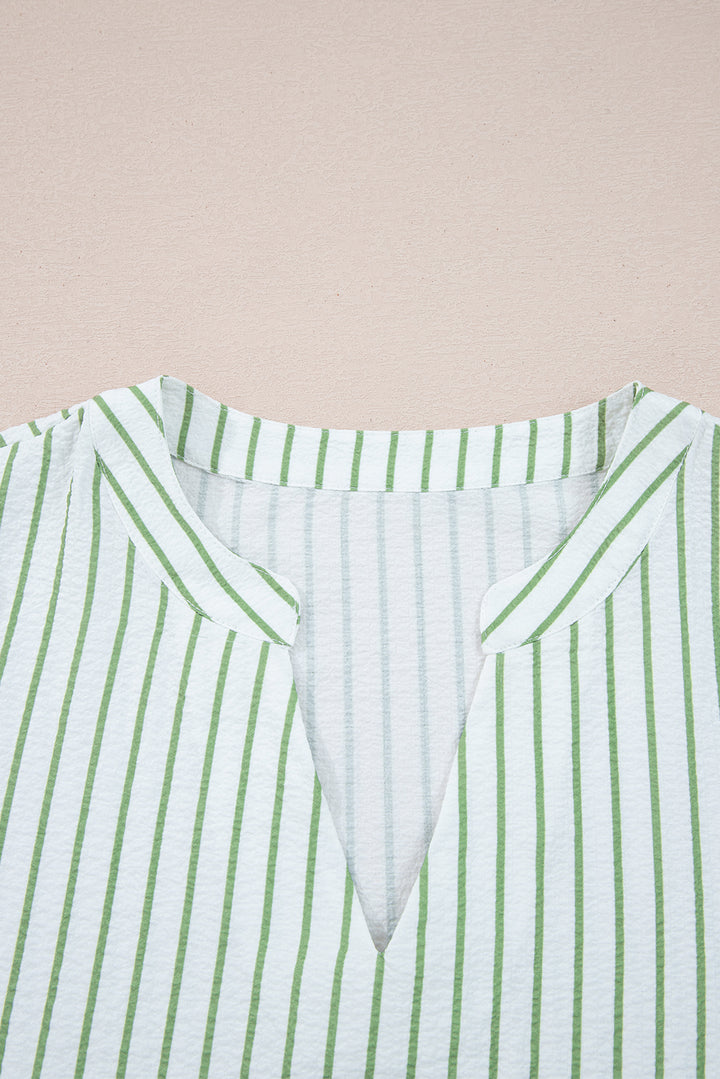Green Stripe Flower Puff Sleeve Notched V Neck Babydoll Blouse
