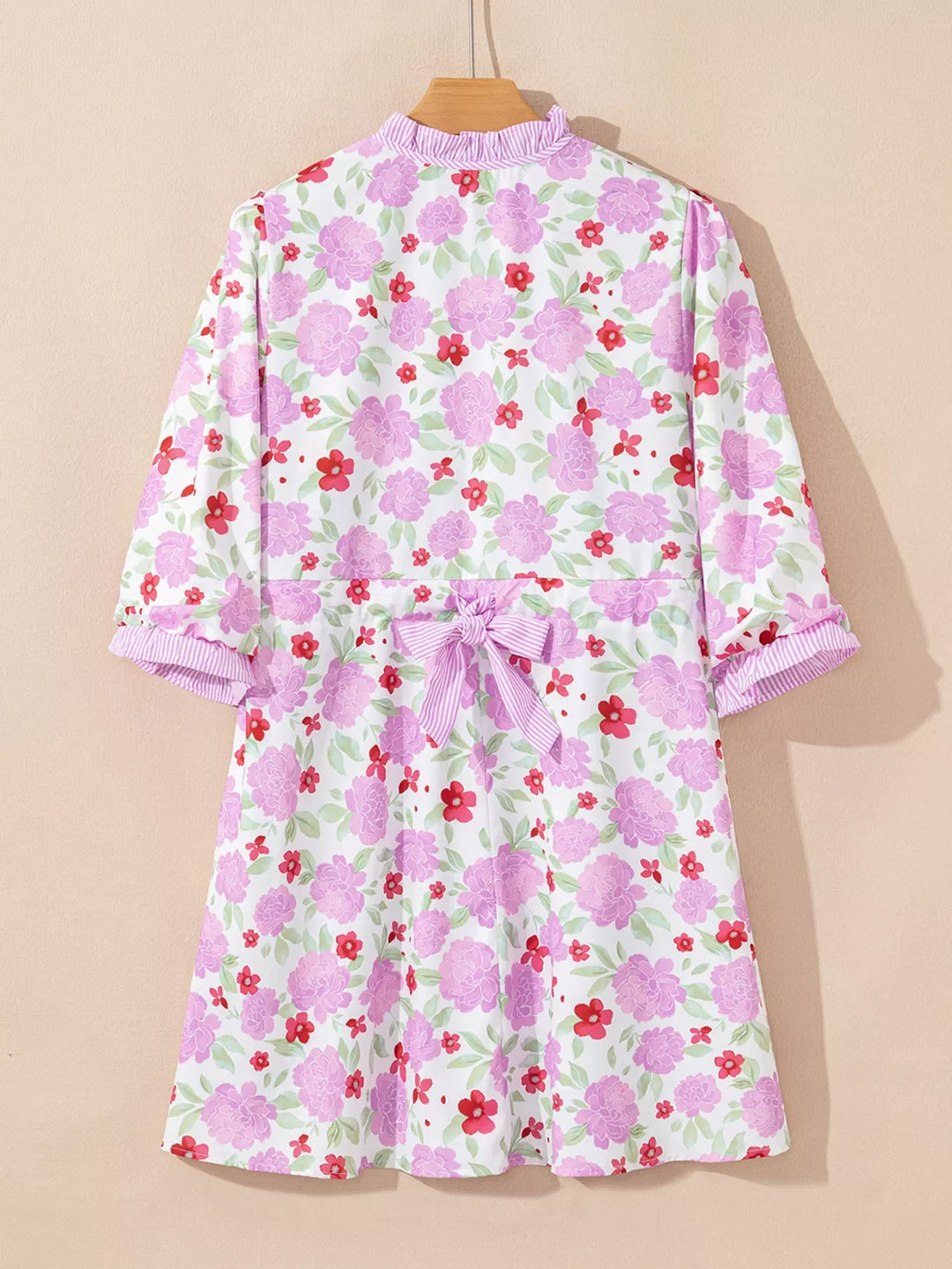 Floral Print Striped Trim Frilled Neck 3/4 Sleeve Flared Mini Dress