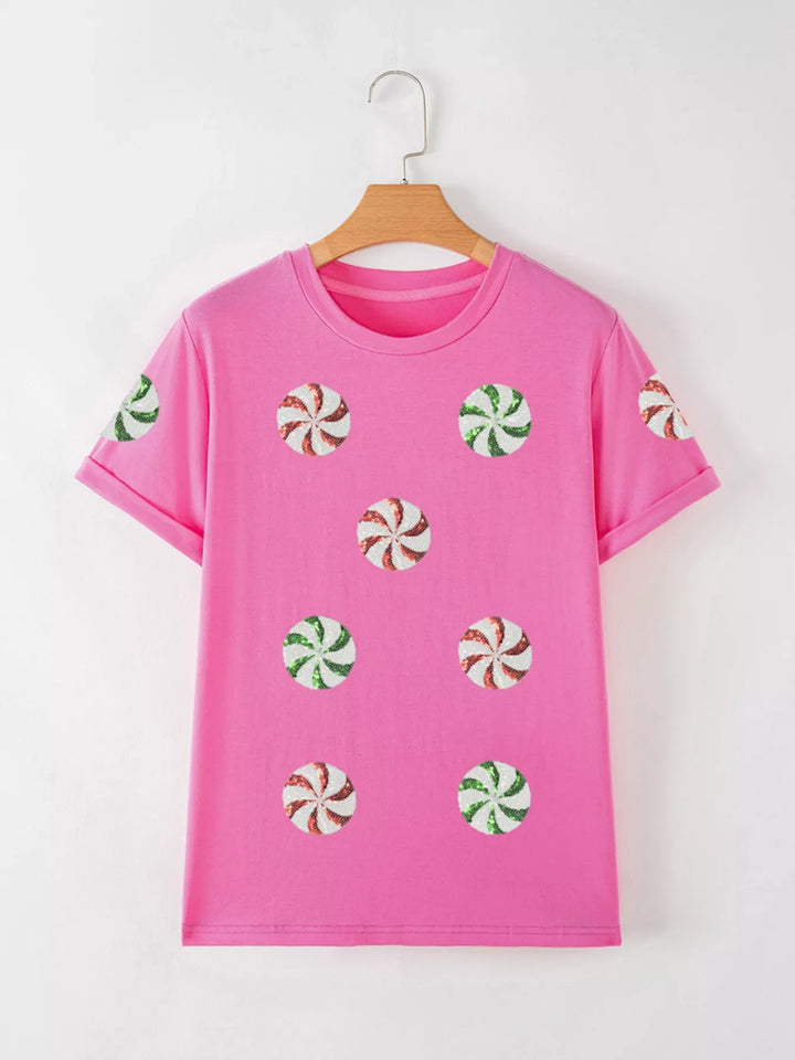Sequined Candy Swirl Christmas Short Sleeve T Shirt