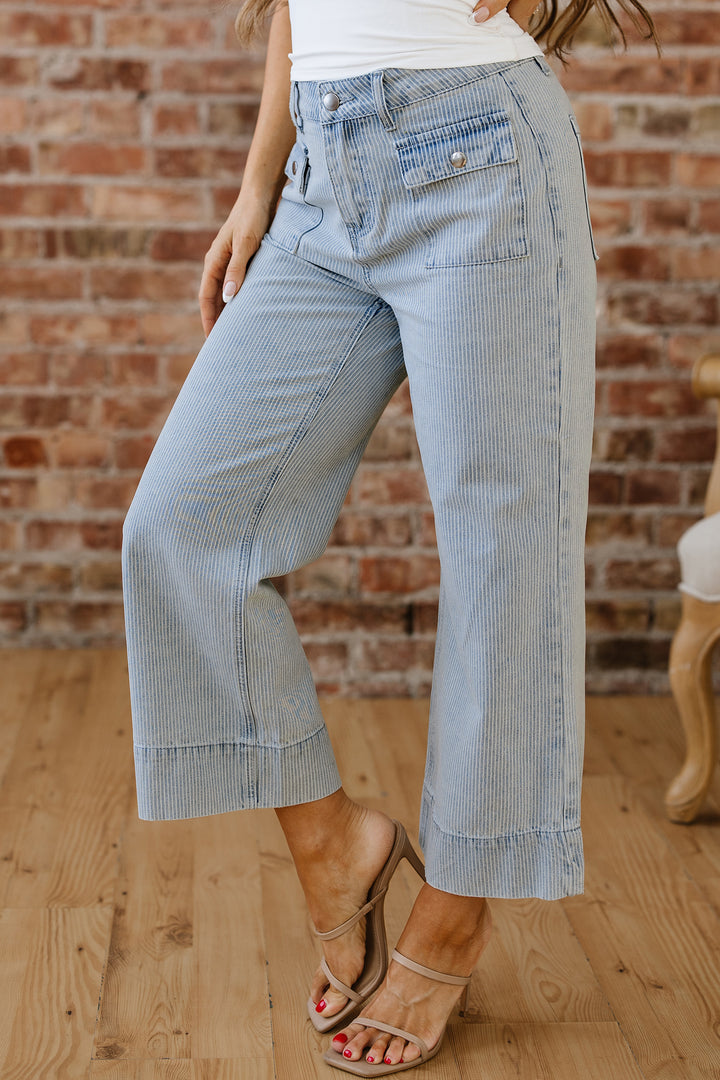 Sky Blue Stripe Button Flap Pocket Cuffed Hem Wide Leg Jeans