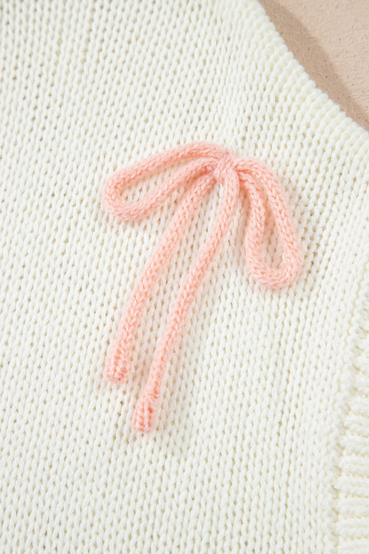 White Short Sleeve Knit Contrast Bow Knot Loose Sweater