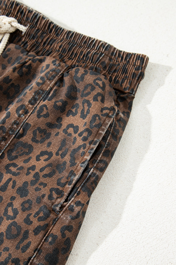Brown Leopard Print Elastic Waistband Drawstring Denim Skort