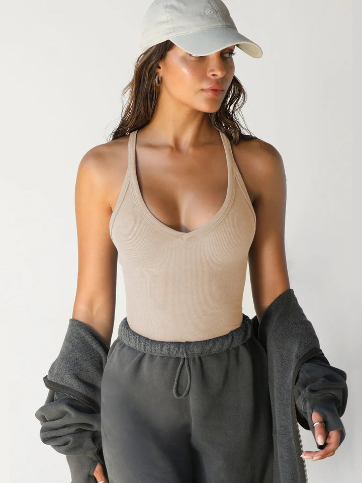 Ribbed V-Neck Halter Tank Top