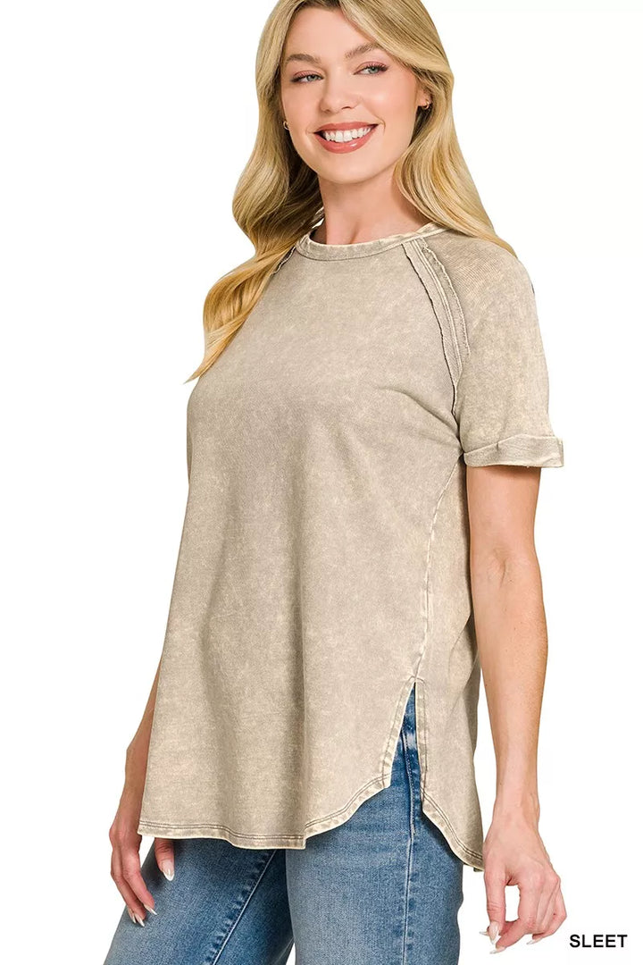 Zenana French Terry Washed Curved Hem Top
