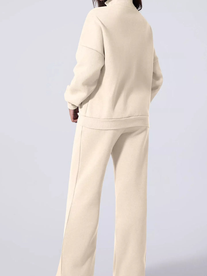 Drop Shoulder Zip Up Jacket and Drawstring Pants Active 2pcs Set