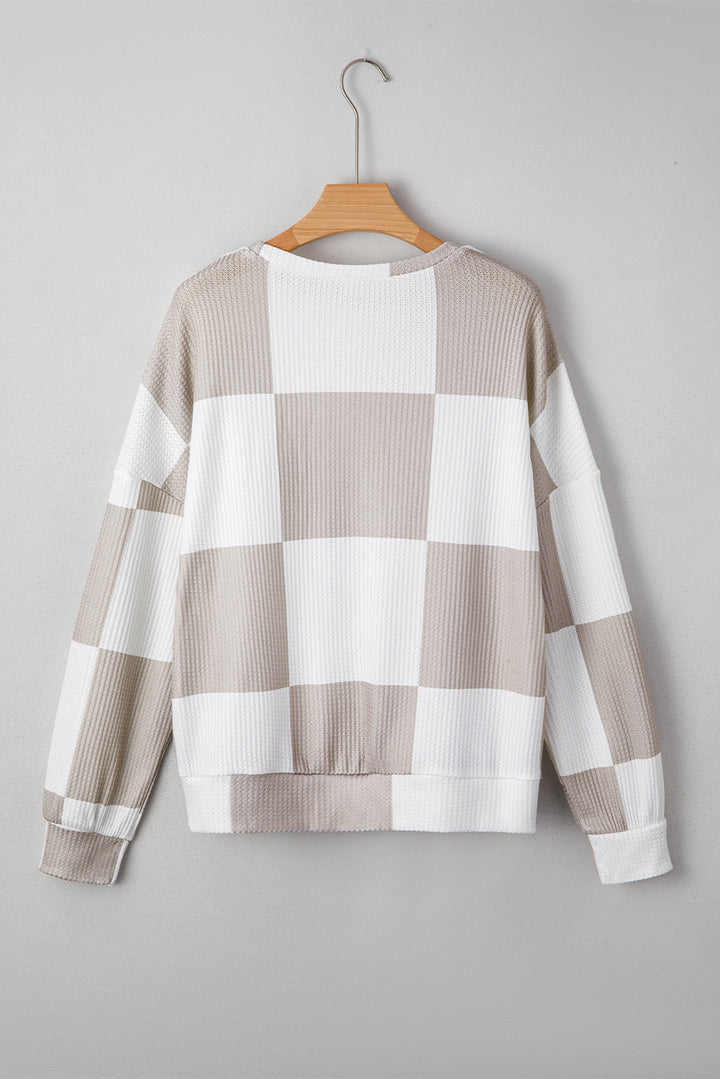Khaki Checkered Print Breathable Textured Long Sleeve Top
