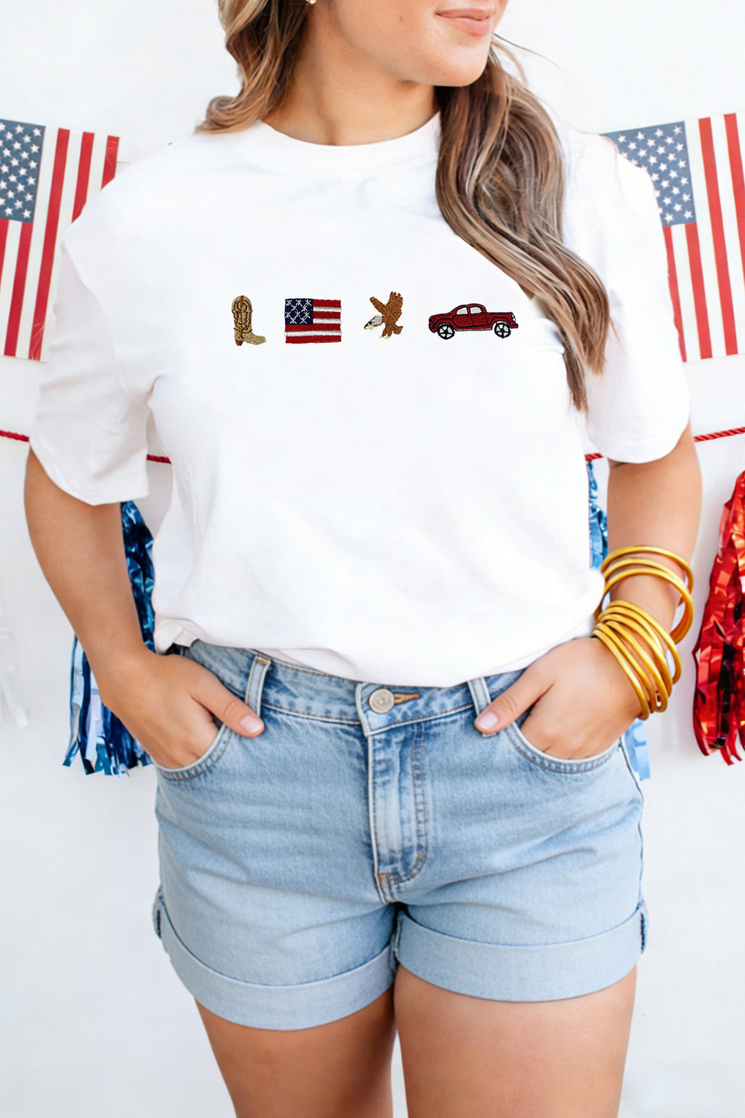 White American Icons Embroidered Casual T Shirt