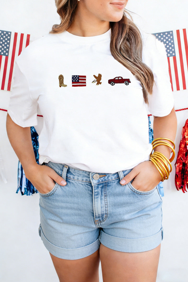White American Icons Embroidered Casual T Shirt