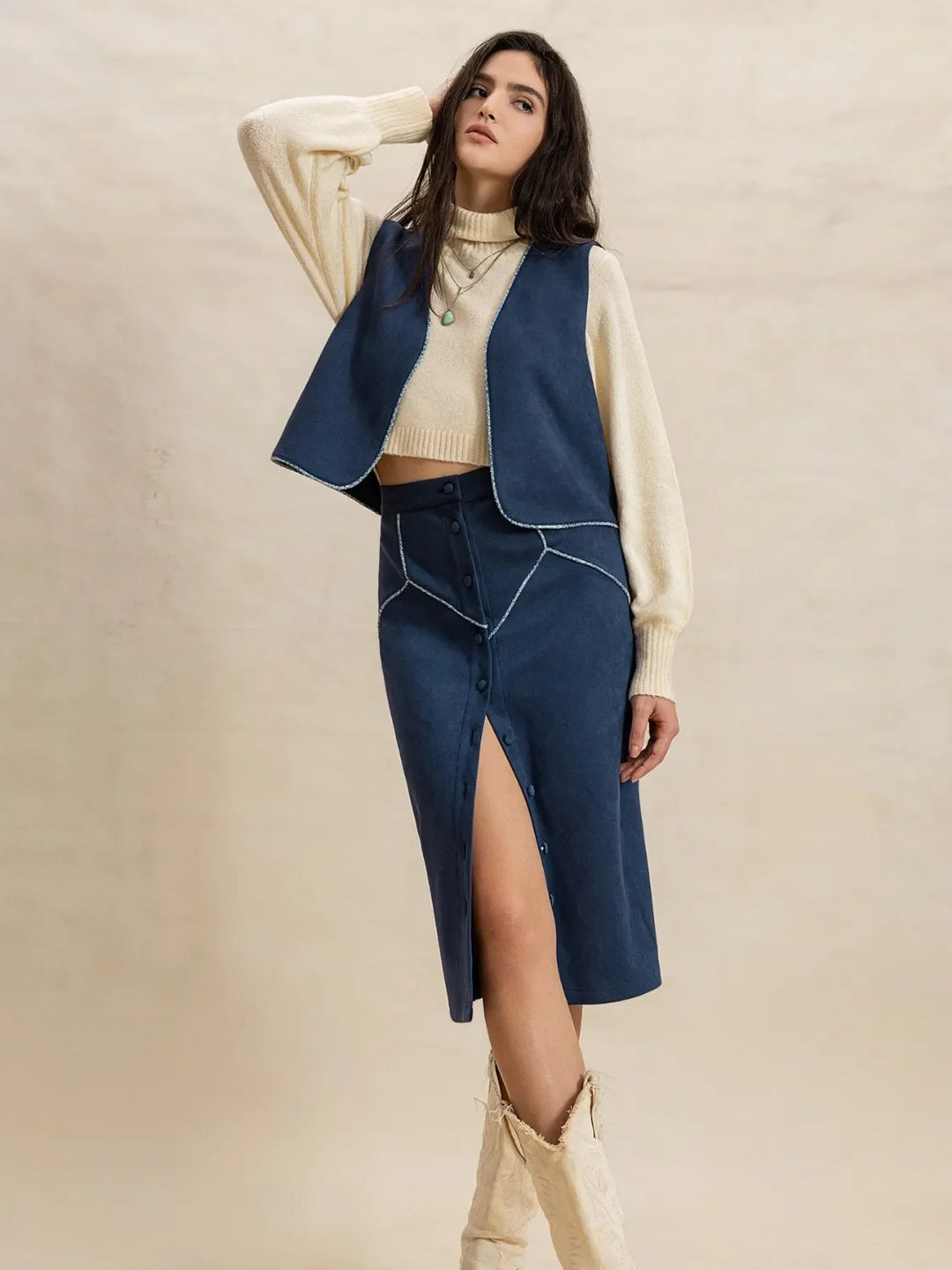 Open Front Vest and Buttoned Skirt Set