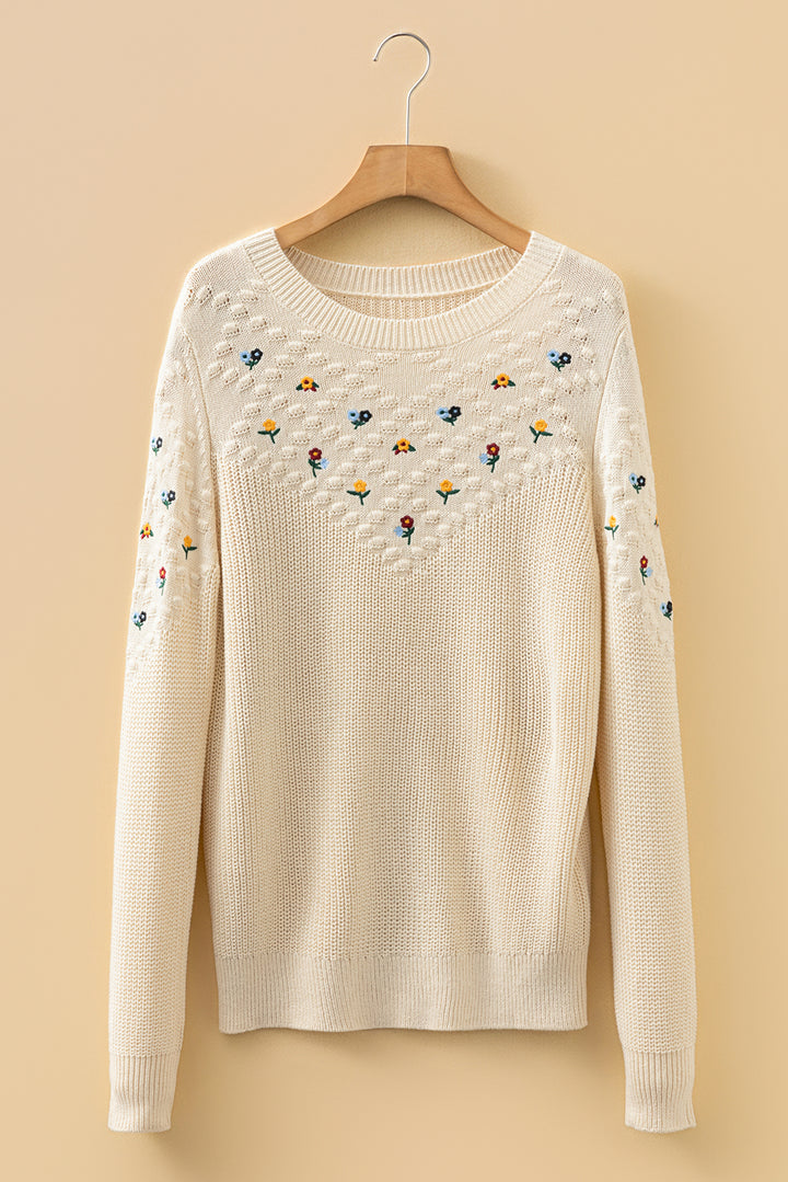 Jet Stream Mixed Texture Knit Flower Embroidered Detail Casual Sweater