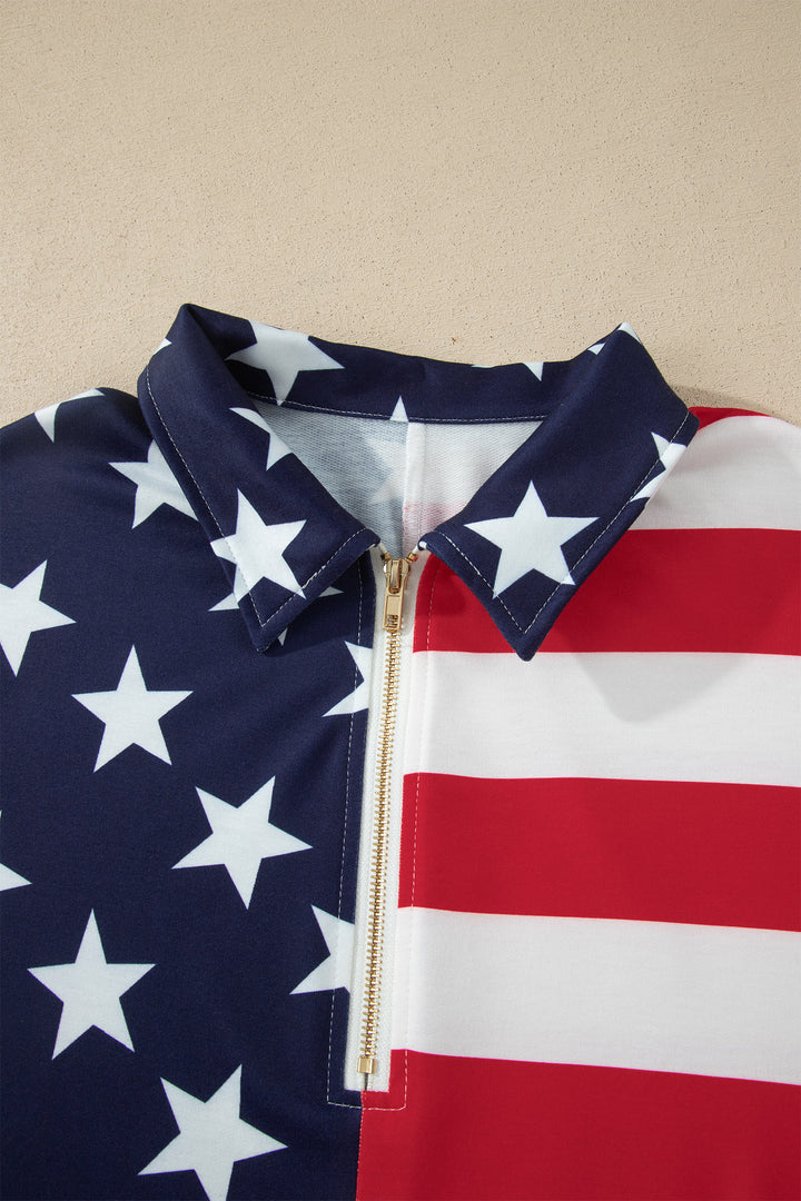 Multicolour Stars Stripes American Flag Zipped Collar Oversized Sweatshirt