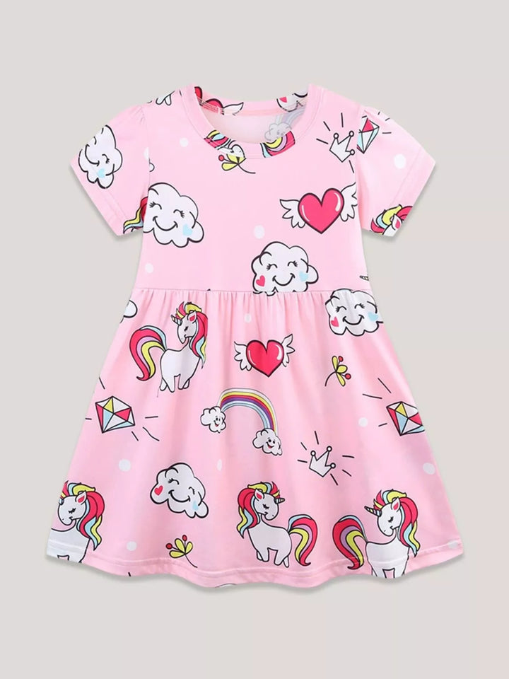 Children's Cartoon Unicorn Print Short Sleeve Dress