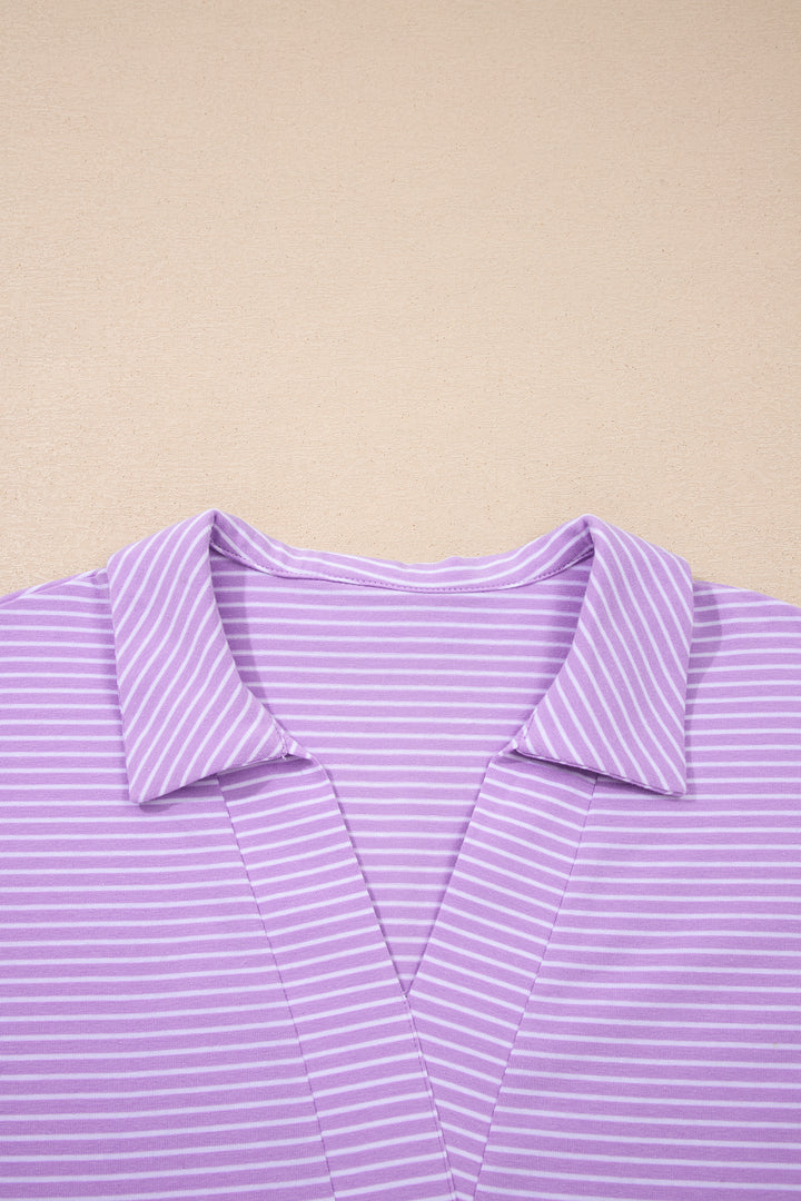 Purple Stripe Dolman Sleeve Polo Shirt and Drawstring Shorts Set