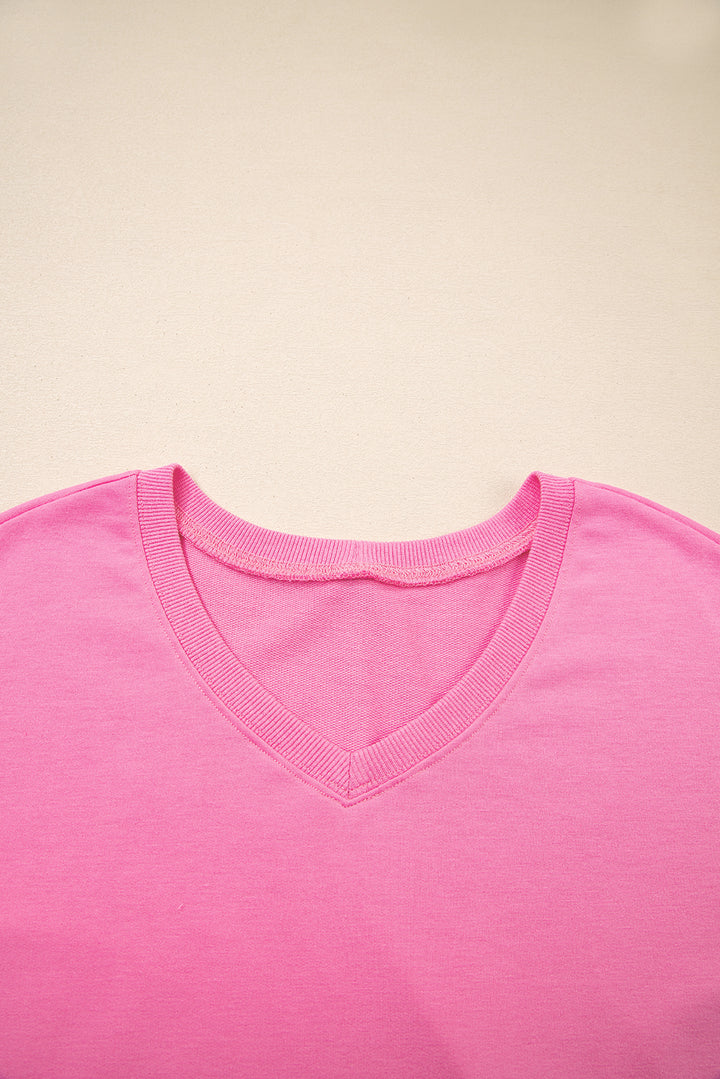 Bonbon V Neck Drop Shoulder Tee and Patchwork Drawstring Shorts Set