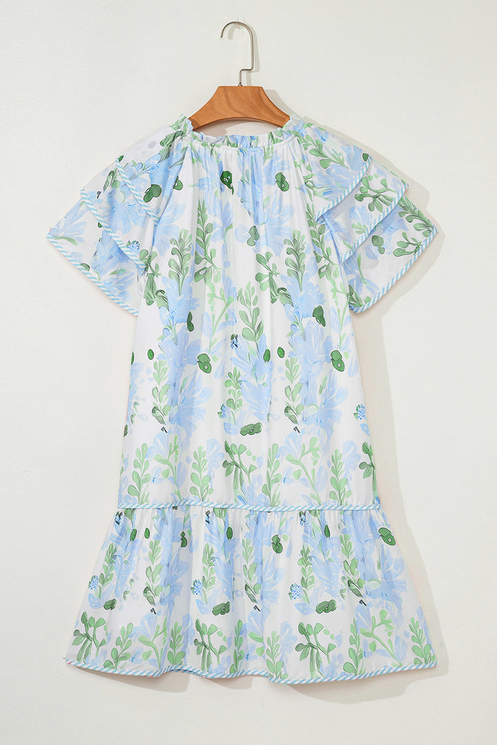 Mini-robe à manches courtes superposées et à bordures contrastées bleu ciel