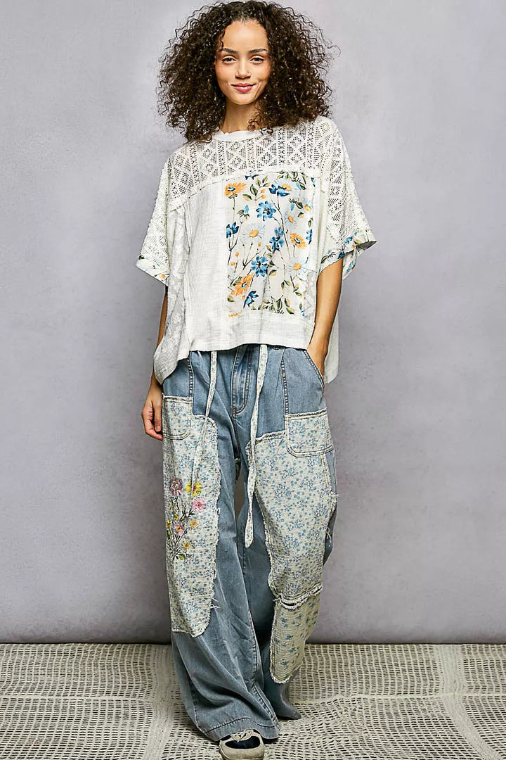POL Floral Patchwork Lace Accent Blouse