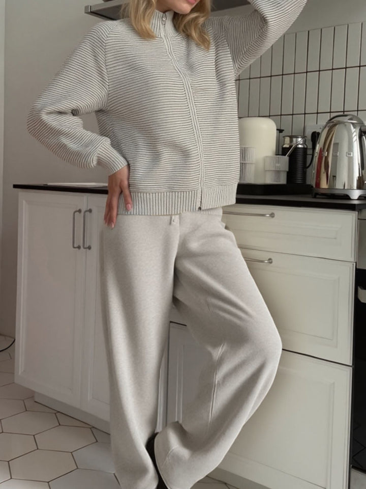 Casual Knit Zip-Up Cardigan and Wide-Leg Pants Set