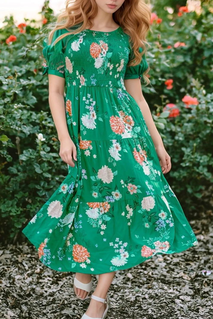 Floral Print Bubble Sleeve Smocked Tiered Midi Dress
