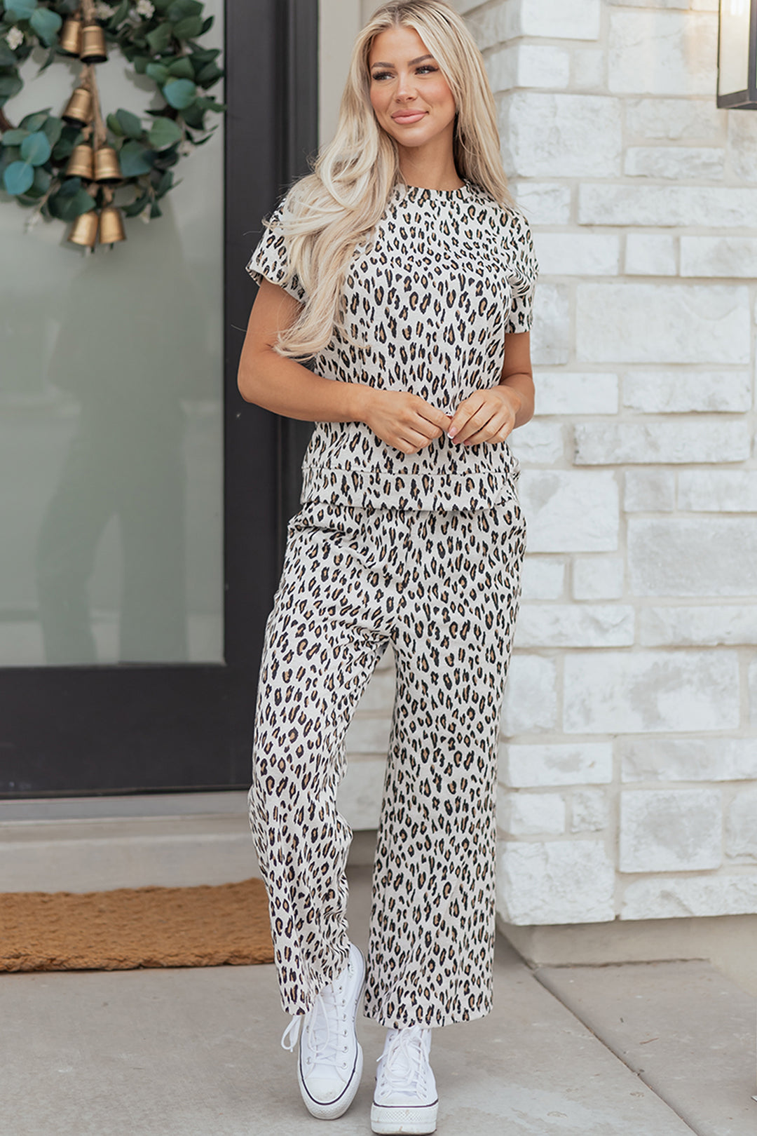 Beige Leopard Print Casual Tee and Pants 2pcs Outfit