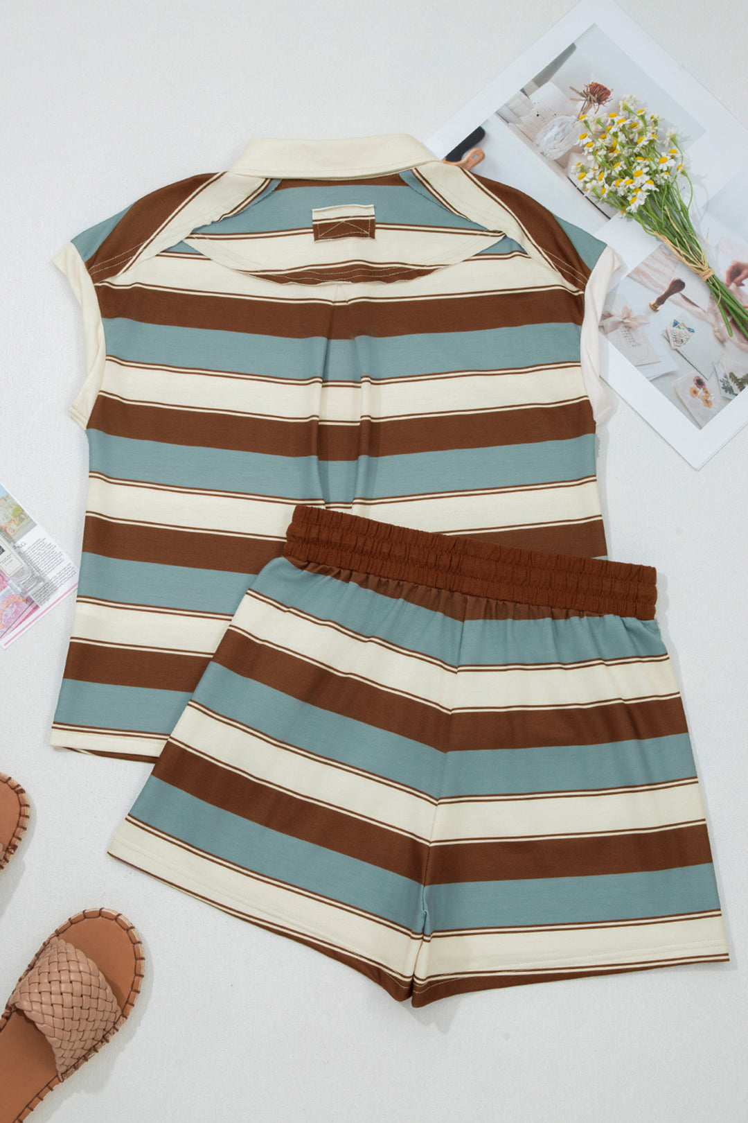 White Stripe Button Polo Collar Tee Drawstring Elastic Waist Patchwork 2pcs Short Set