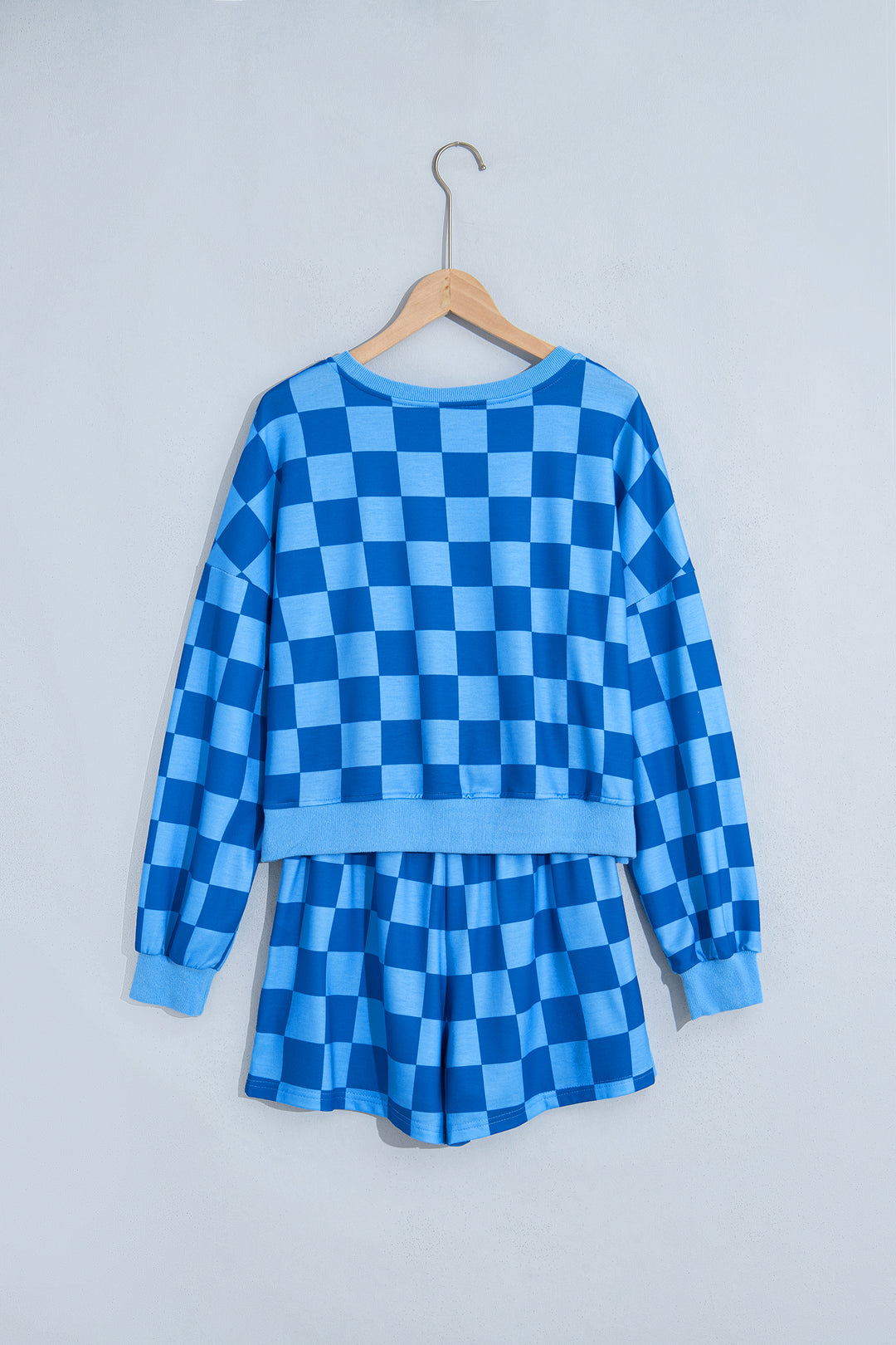 Dark Blue Plaid Checkered Long Sleeve Crop Top Elastic Waist Shorts Two Piece Set
