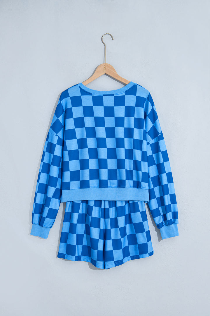 Dark Blue Plaid Checkered Long Sleeve Crop Top Elastic Waist Shorts Two Piece Set