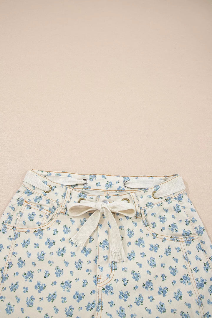 Grommet Knot Waist Floral Barrel Leg Jeans
