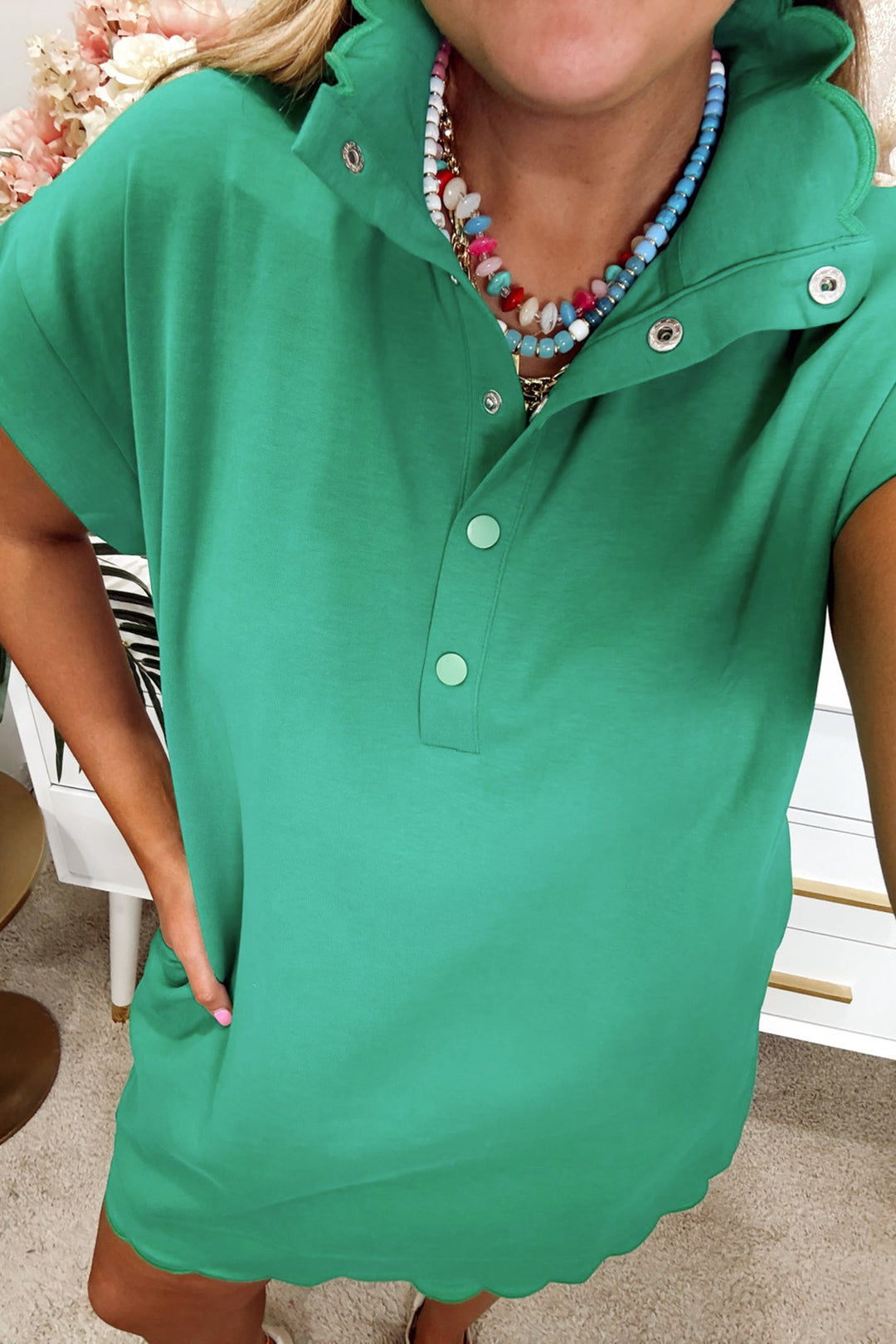 Sea Green Solid Color Snap Button Polo Collar Short Sleeve Scallop Hem Mini Dress