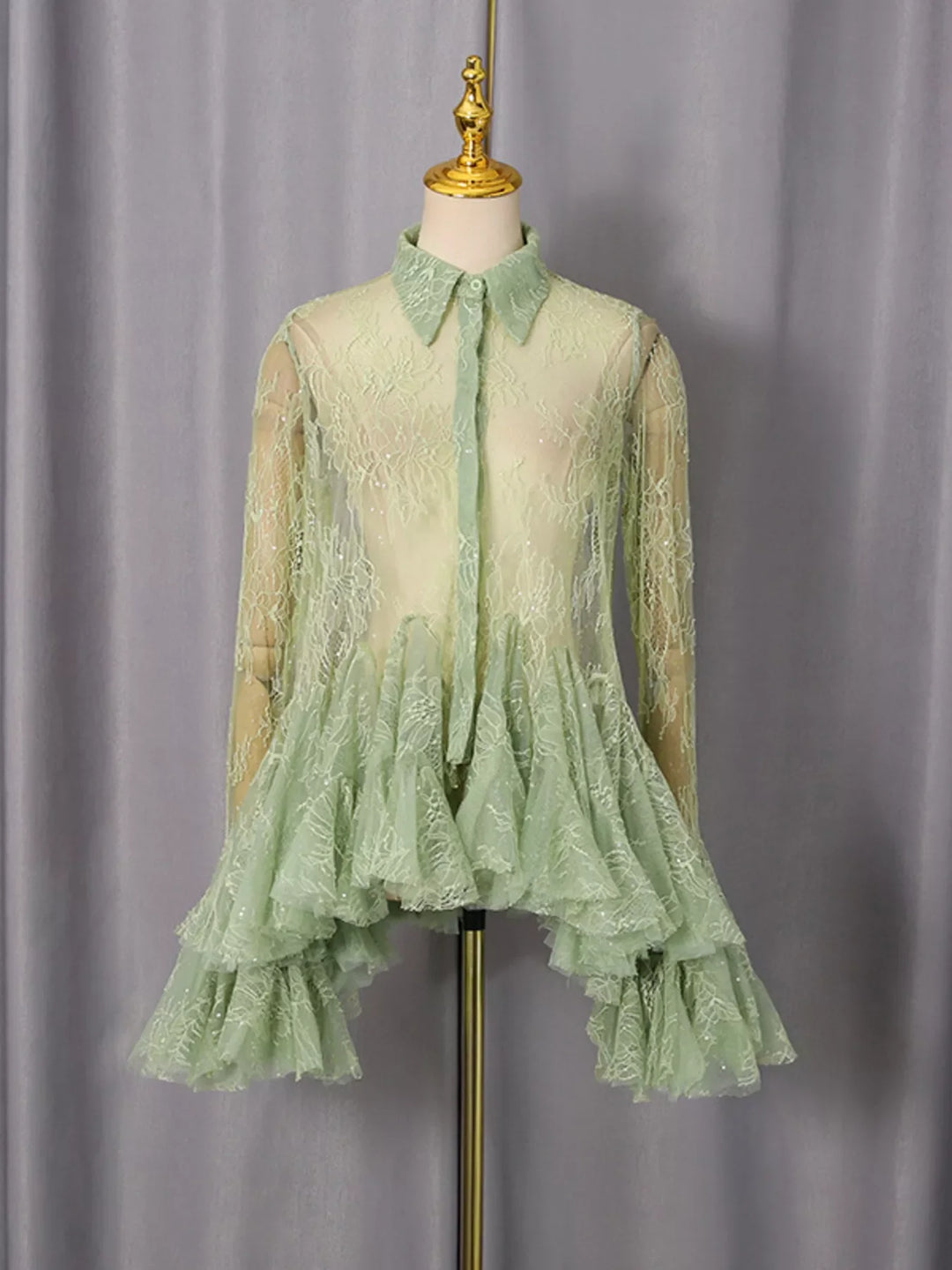 Ruffled Hem Lace Long Sleeve Dress