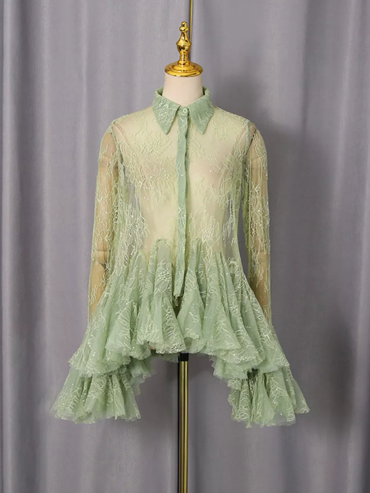 Ruffled Hem Lace Long Sleeve Dress