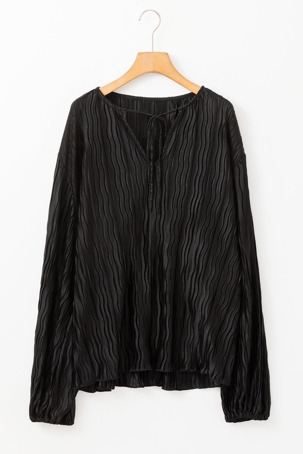 Black Textured Bubble Sleeve V Neck Loose Blouse
