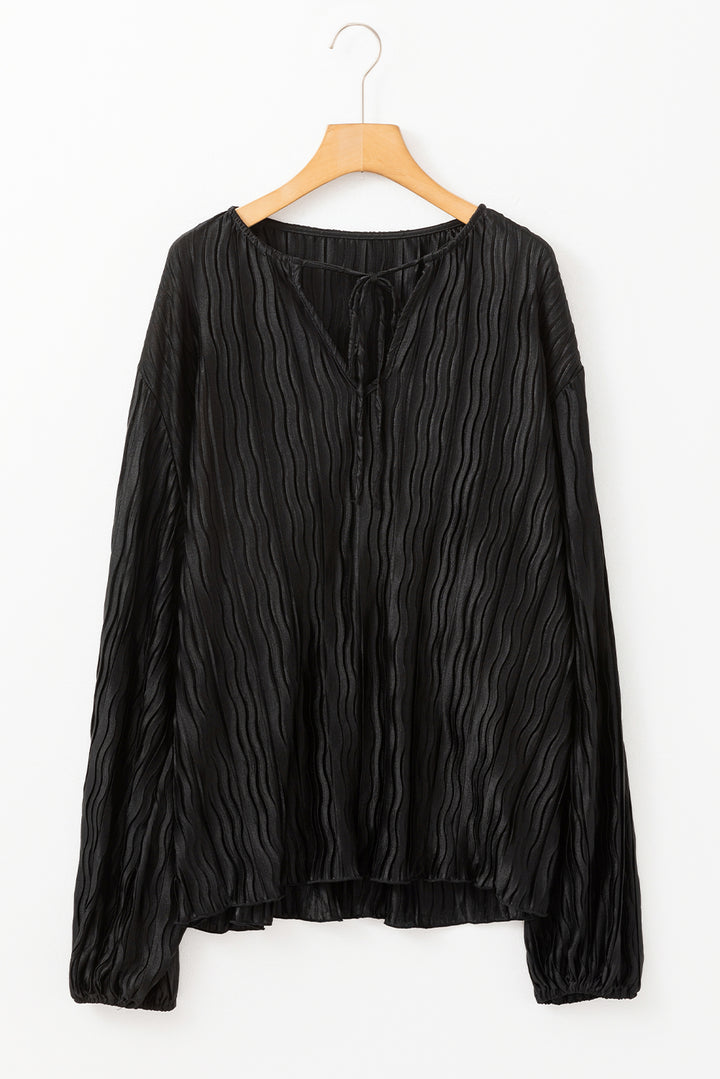 Black Textured Bubble Sleeve V Neck Loose Blouse