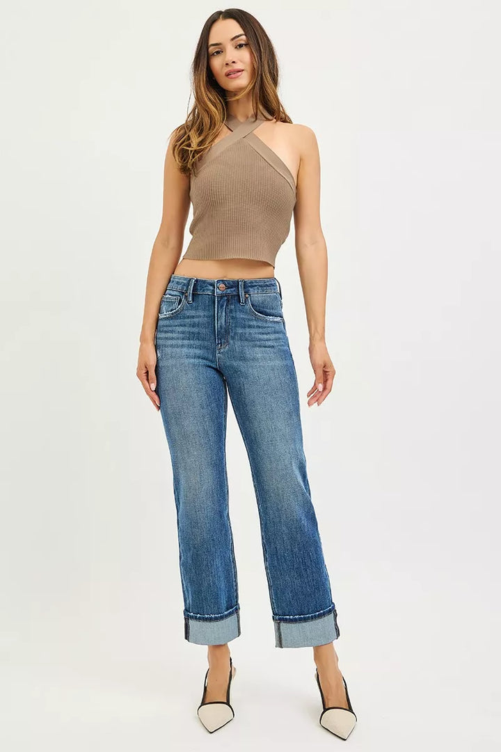 RISEN Full Size 4 Way Stretch Slouchy Straight Jeans with Cuffed Hem Plus Size